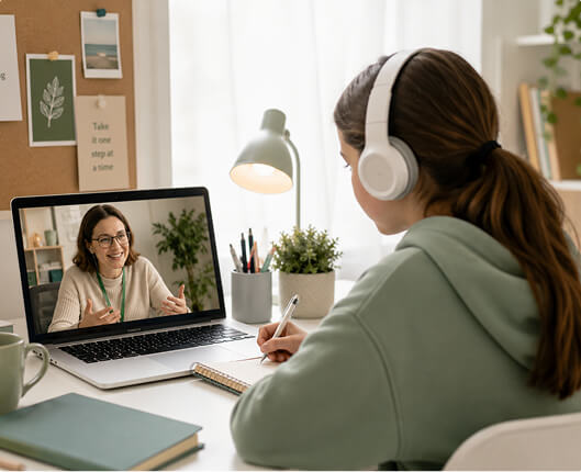 Person in headphones on video call at desk with notebook, pen, book, lamp, and corkboard notes in background.