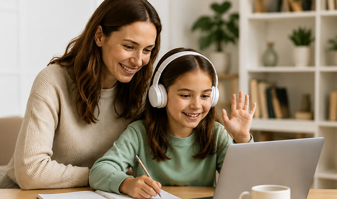 Adult and child at table using laptop, child wearing headphones and waving with pencil in hand, bookshelves in background.
