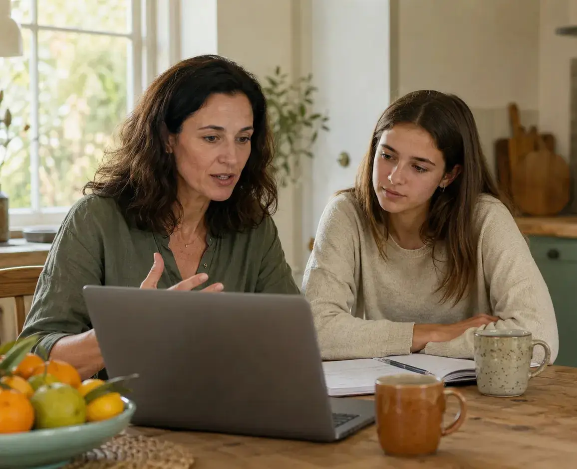 A parent and teenager sitting together at a kitchen table during a video call.