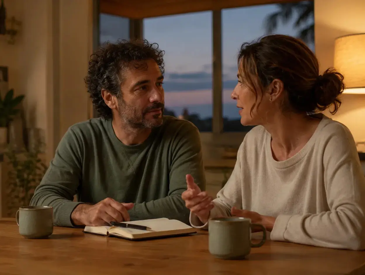 Two parents sitting together at a kitchen table, talking something through.
