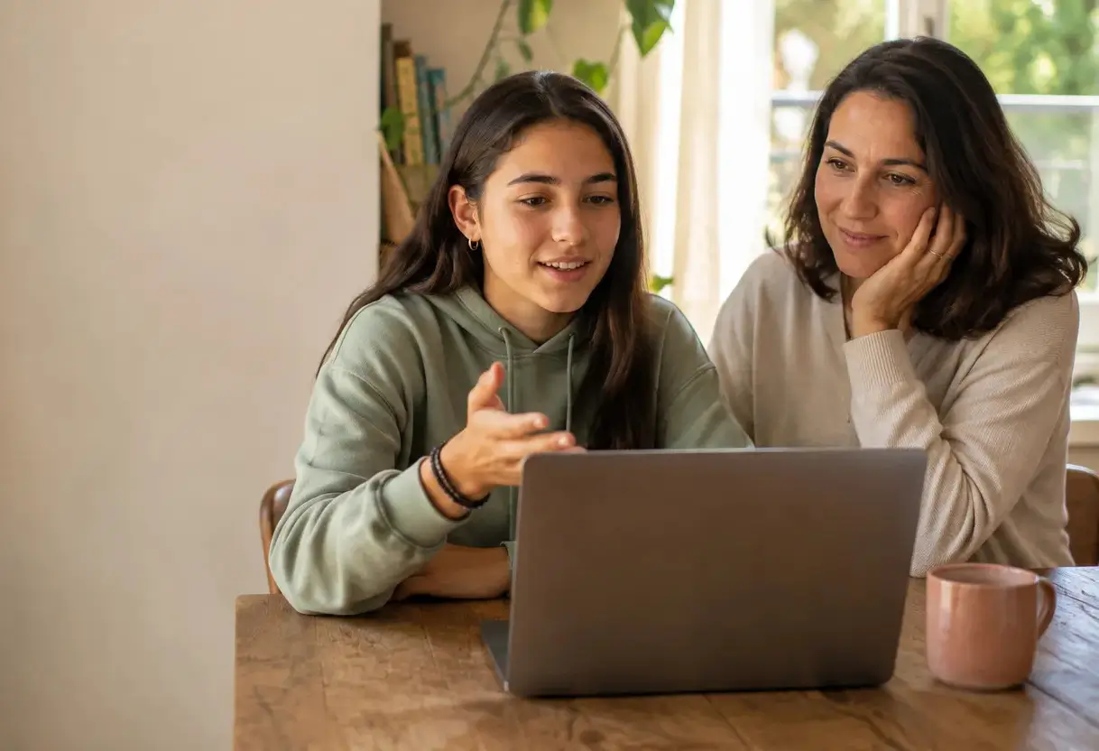 A mother and daughter looking at a laptop together at a kitchen table