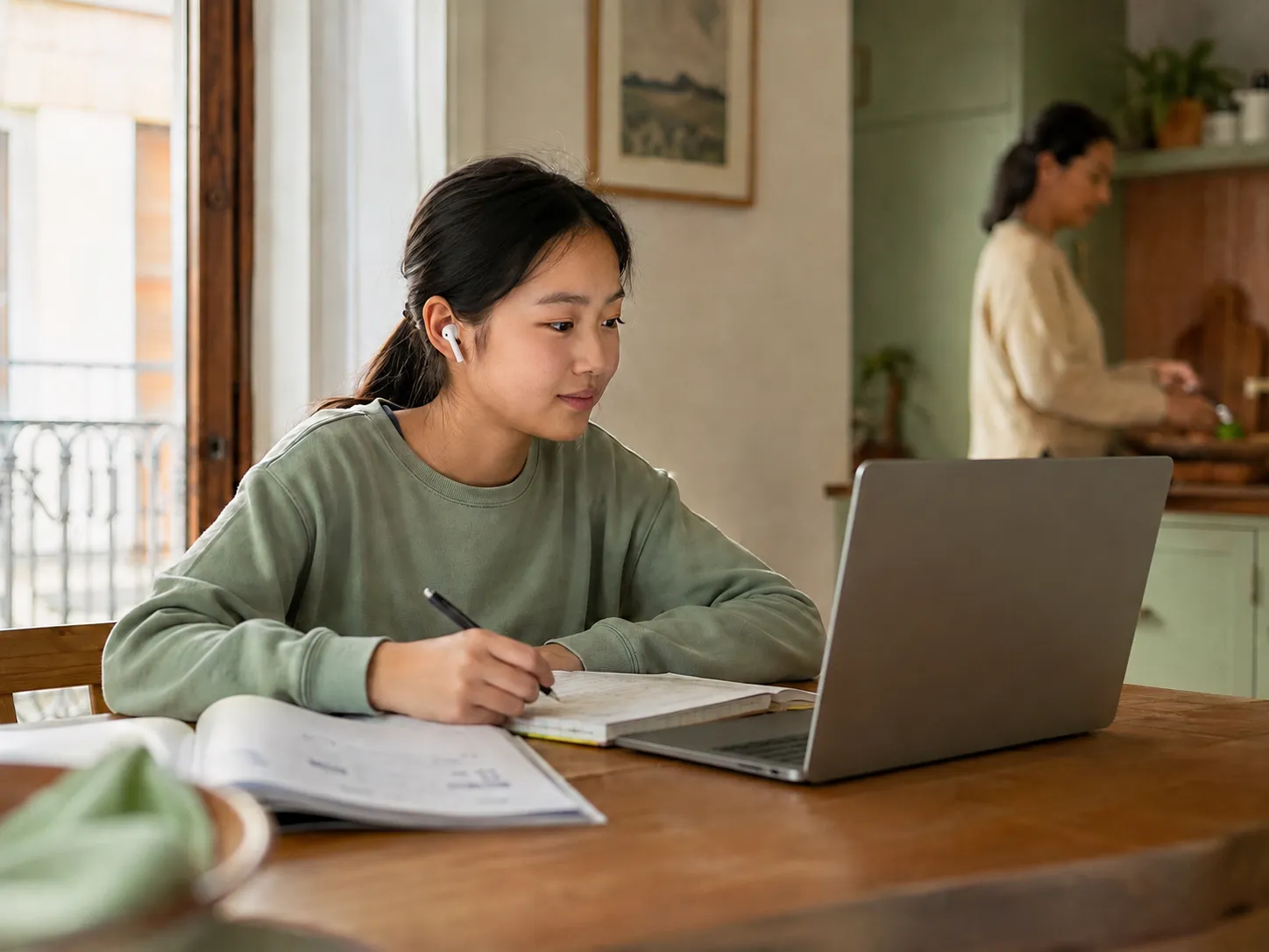 A student taking part in an online lesson at home while making notes