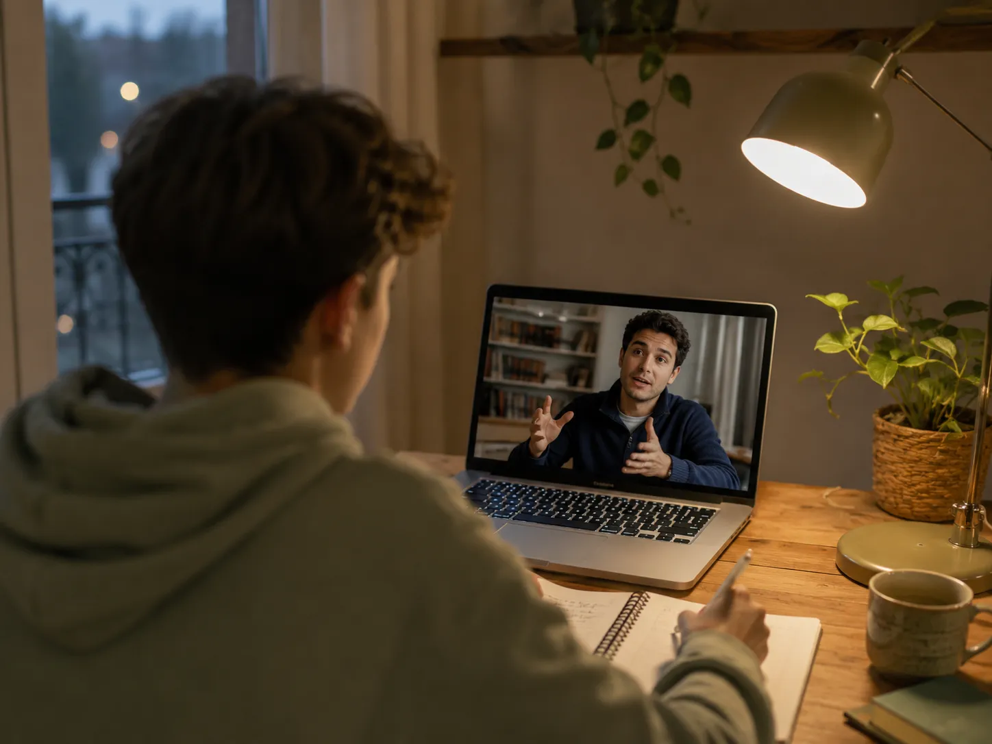 A tutor explaining something on a laptop screen during a one-to-one session