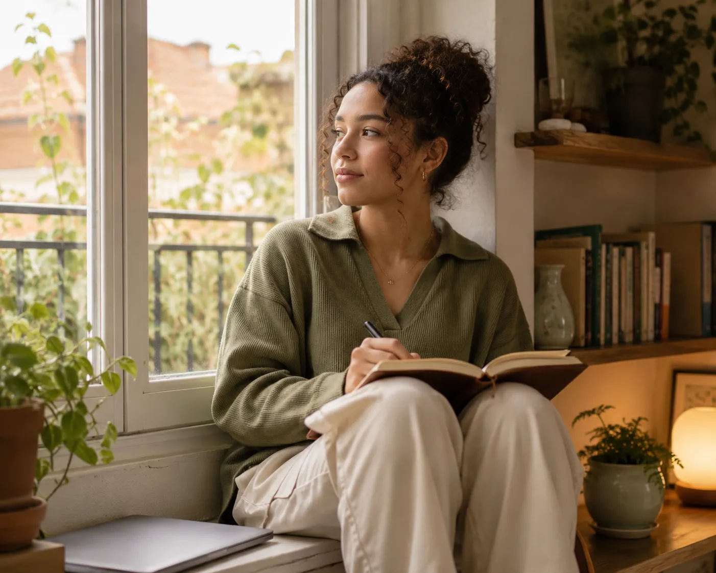 A student writing in a journal by a window at home