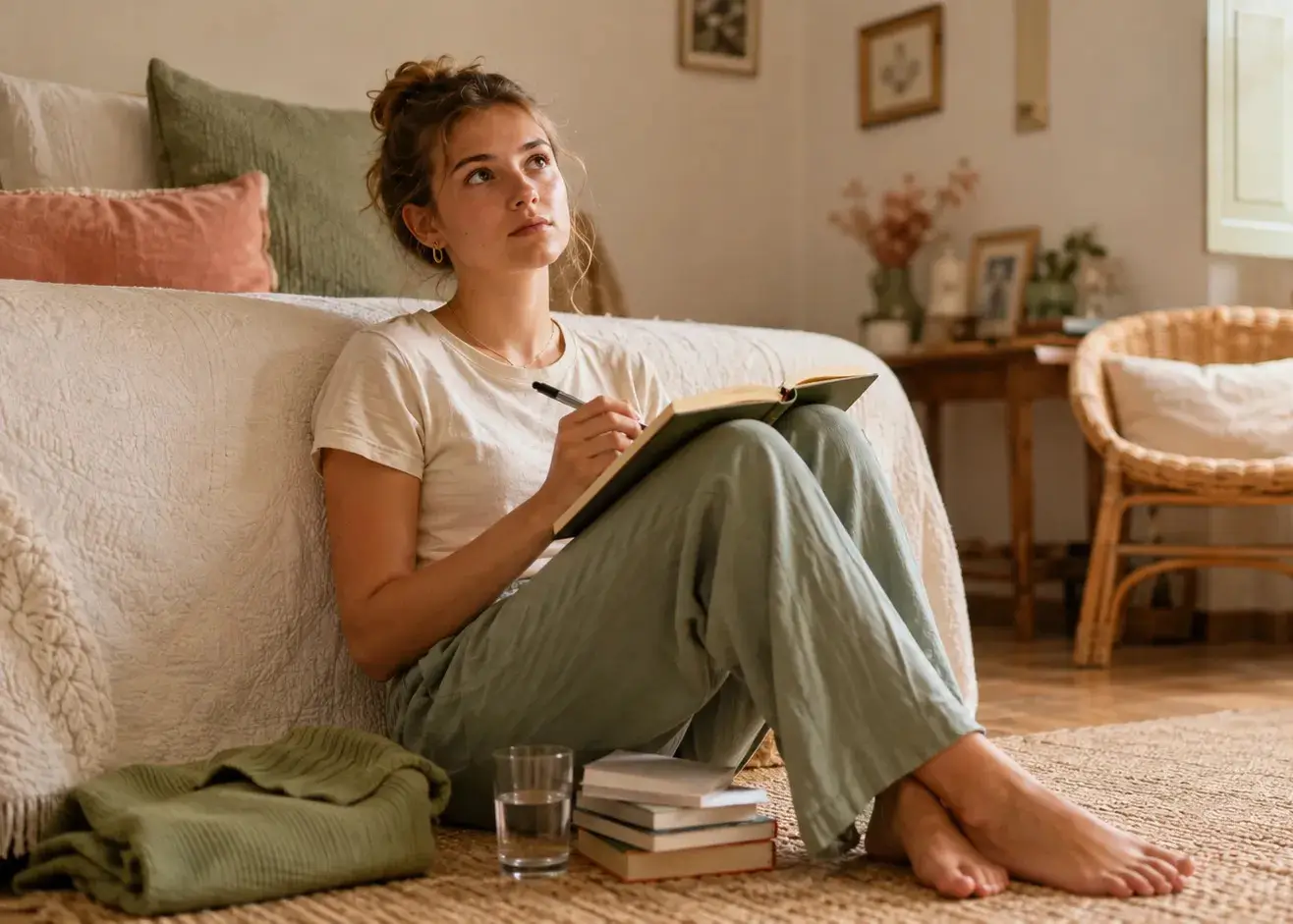 A student sitting on the floor of a sunlit room with an open notebook, pausing to think.