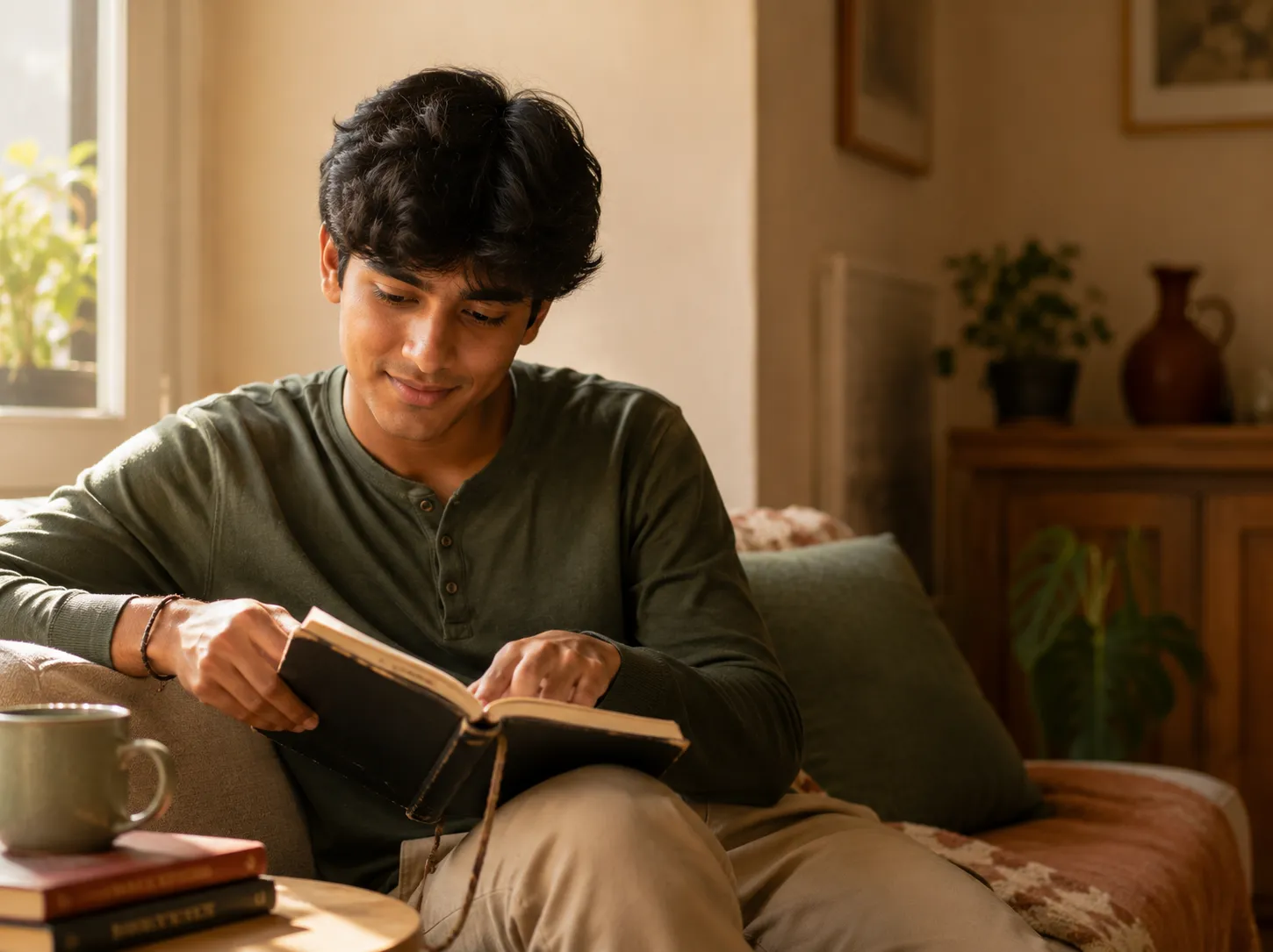 An older student turning back through earlier pages of a well-used notebook.