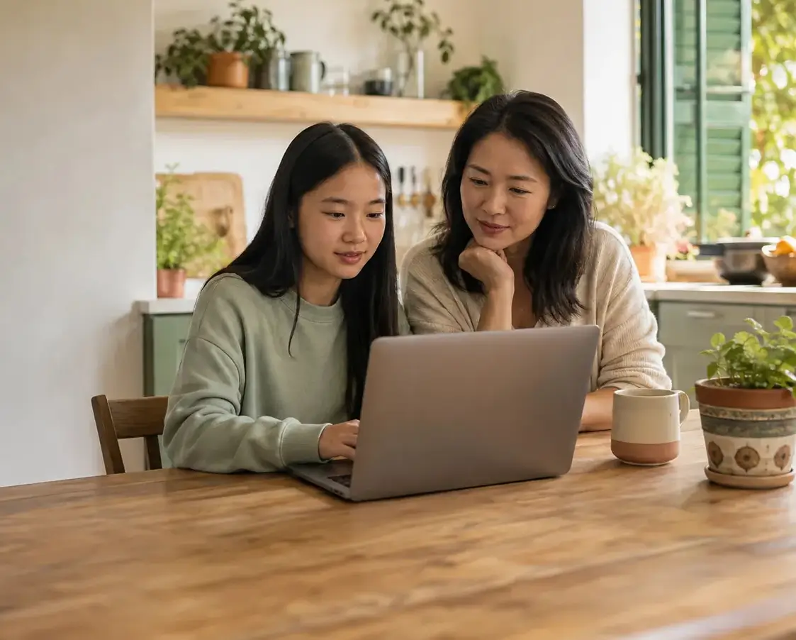 A mother and daughter looking at a laptop together at home
