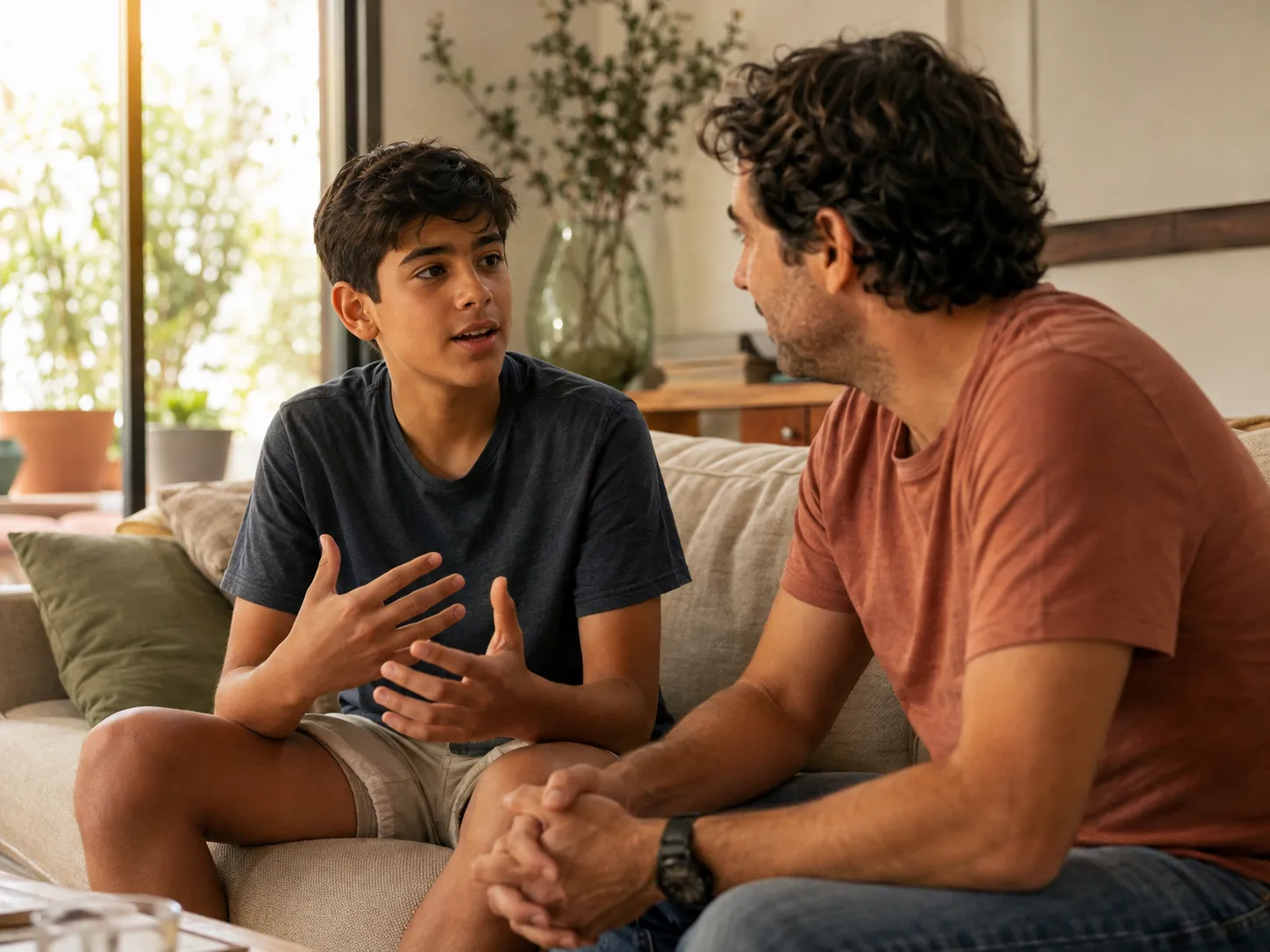 A teenager talking with a parent on a sofa at home