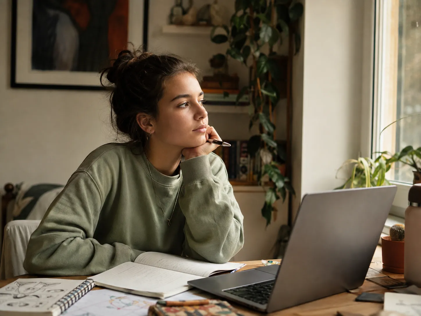 A student pausing in thought at a desk with a notebook and laptop