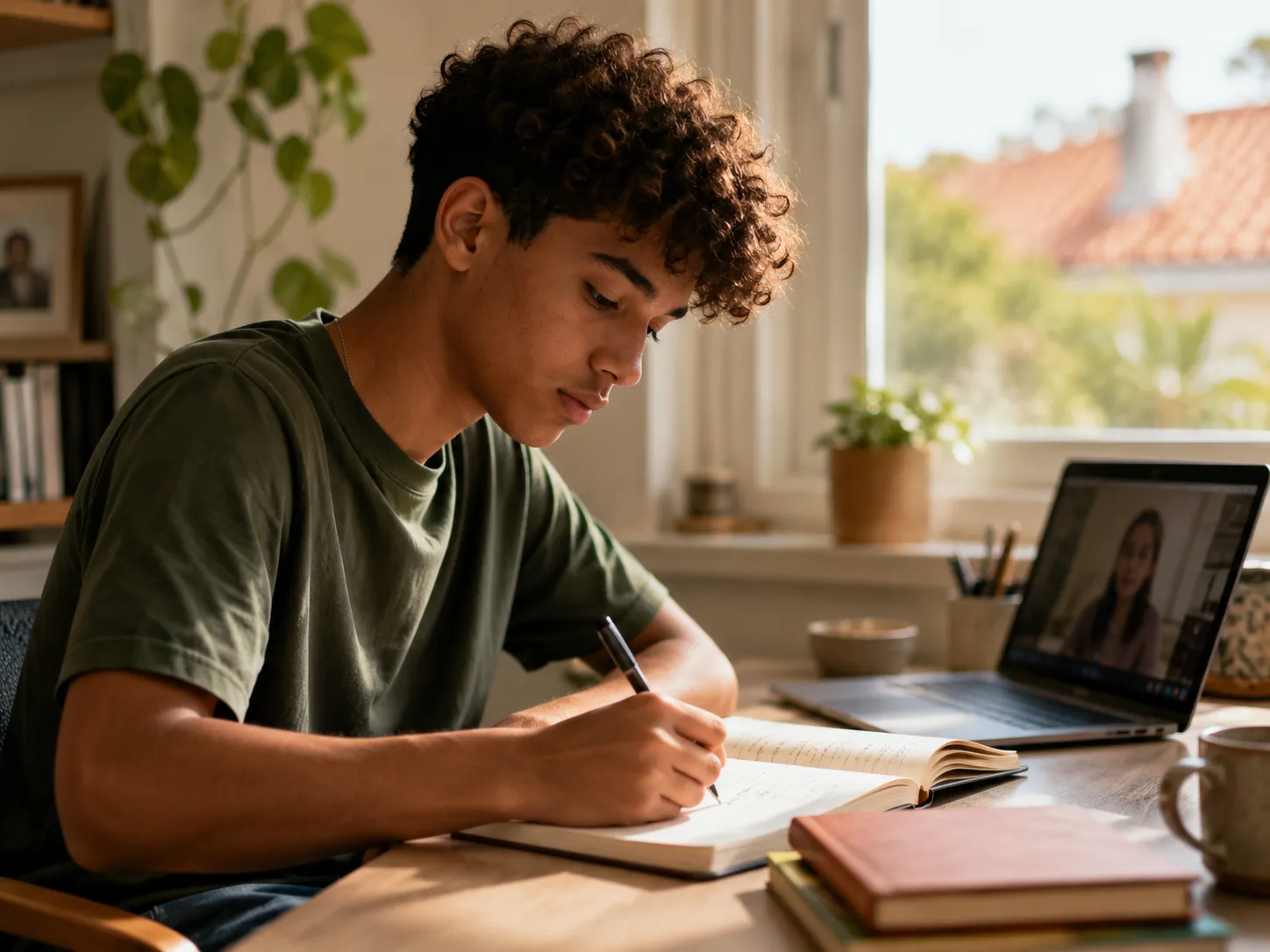 A student writing in a journal beside an open laptop