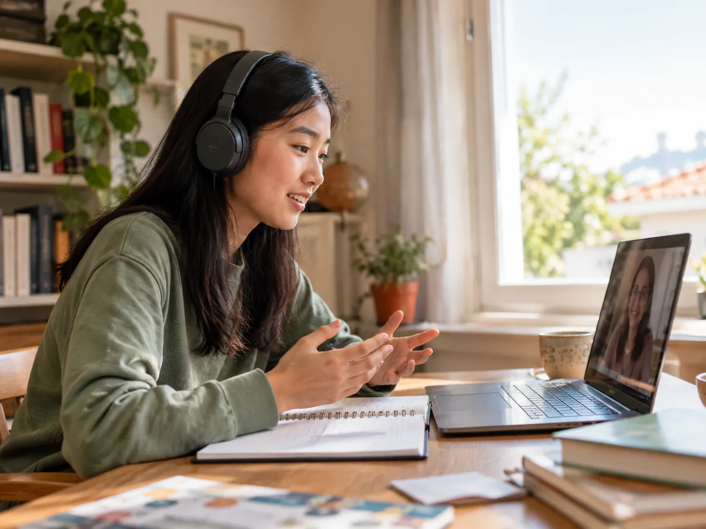 A student wearing headphones talking with a tutor on a video call