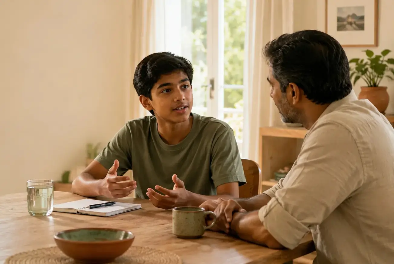 A young person talking with a mentor at a table at home