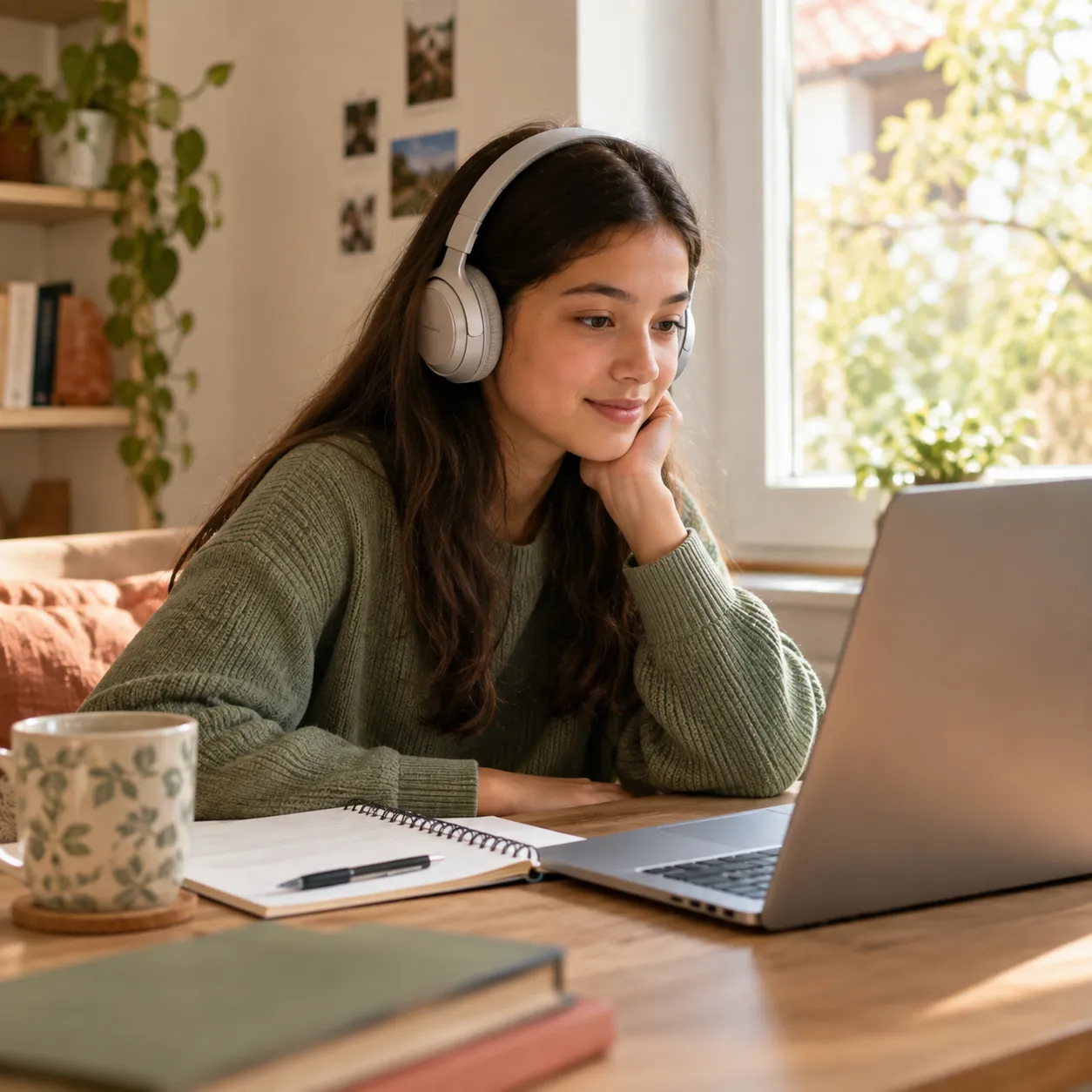 A student wearing headphones taking part in an online lesson at home