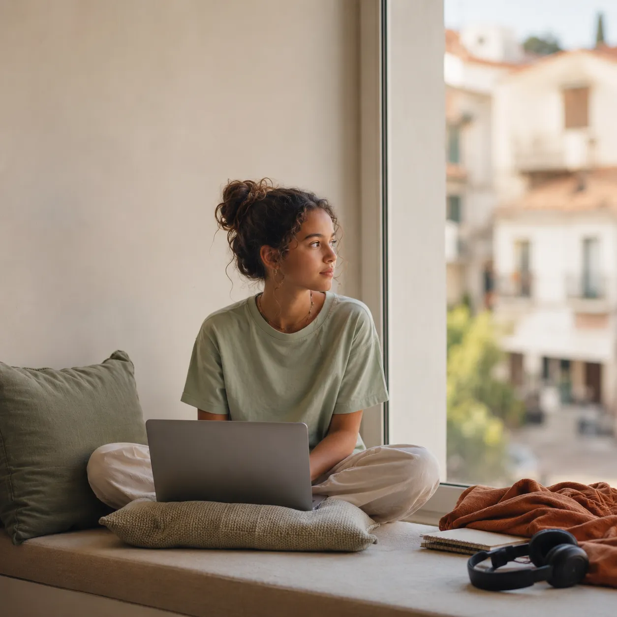 Person sitting cross‑legged on cushioned window seat with laptop on pillow, looking outside at buildings and greenery, headphones and blanket nearby.