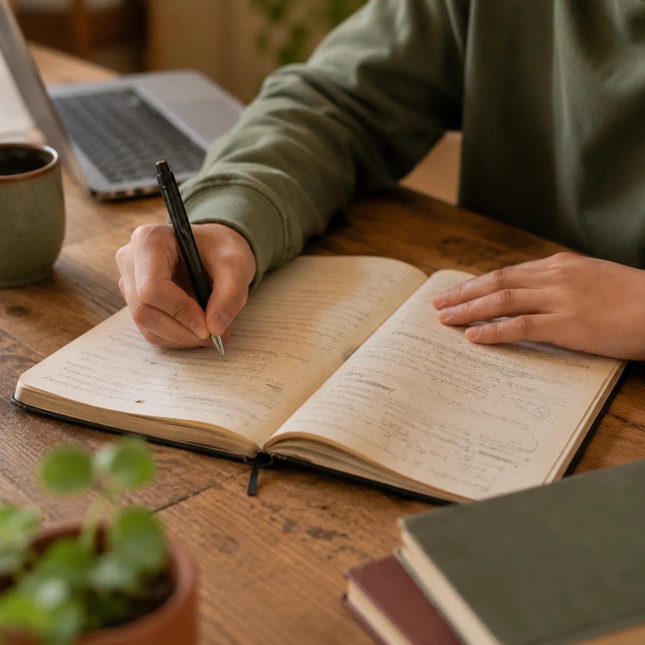 Person writing in open notebook on wooden table with laptop, mug, plant, and books nearby.