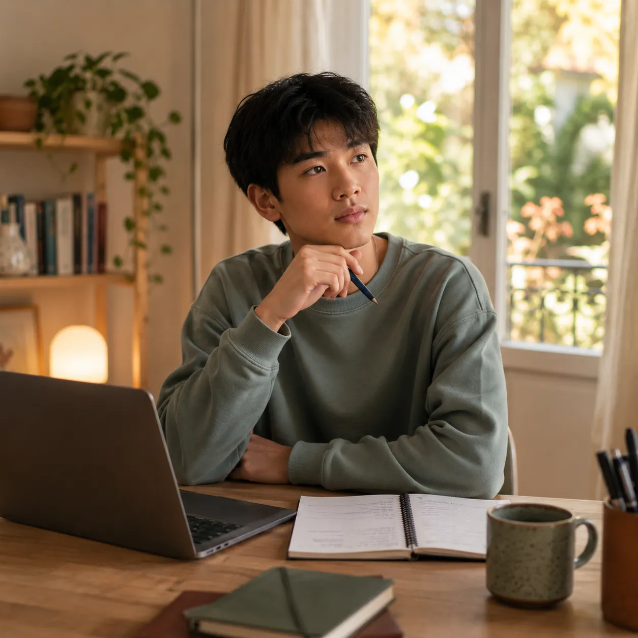 Person at wooden desk with laptop, notebook, pen near chin, mug, and pens, bookshelf and window with greenery in background.