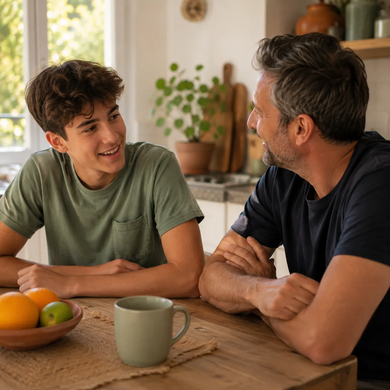Two people at wooden table talking, with mug, fruit bowl, and kitchen shelves in background lit by sunlight.