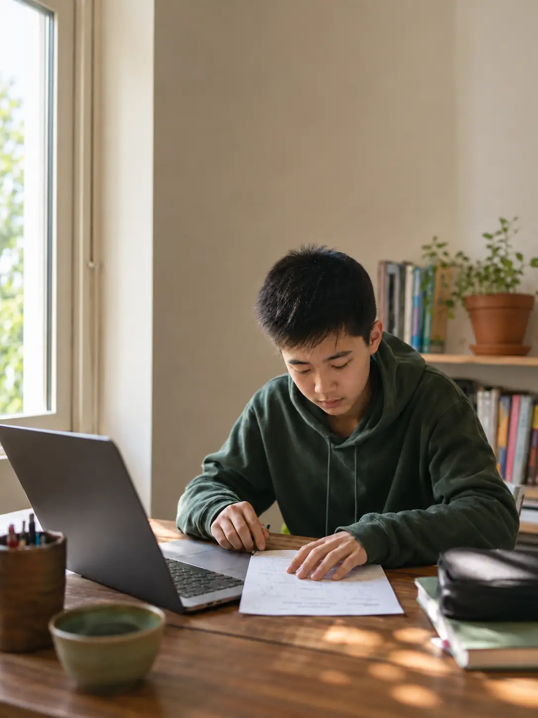 A student working at a desk at home with a laptop and written notes side by side.
