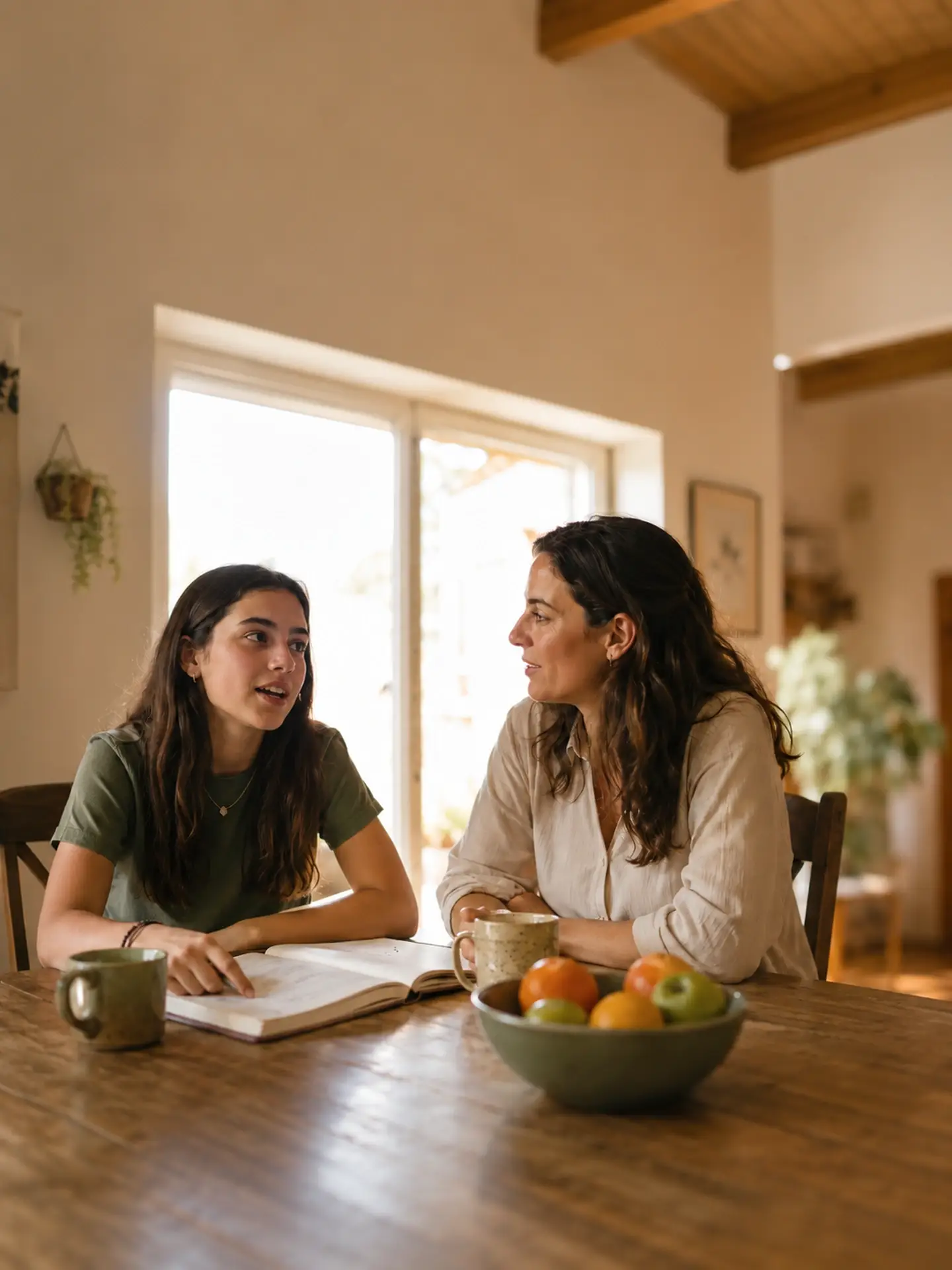 A student in conversation with a mentor at a kitchen table, the mentor listening.