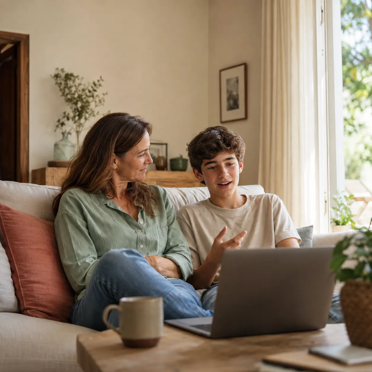 Adult and younger person on beige sofa talking with laptop on coffee table, mug and plant nearby, cabinet and framed picture in background with natural light.